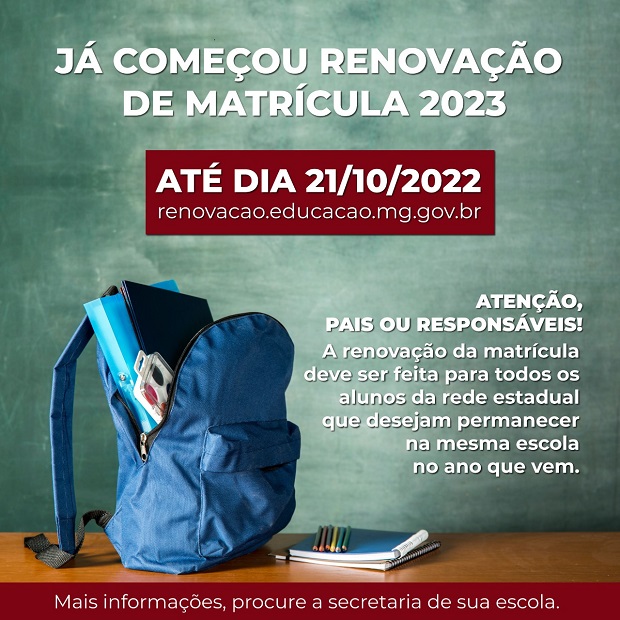 Começa nesta terça-feira (4/10) o período para renovação de matrícula da rede pública estadual de ensino para 2023